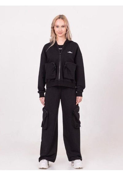 Kız Çocuk Pamuklu Fermuarlı Kapüşonlu Büyük Cepli Sweatshirt-13790 Siyah