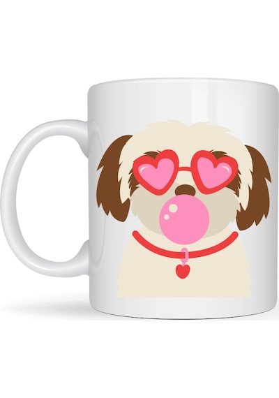 Kalpli Gözlüklü Shih Tzu Tasarımlı Porselen Kupa Model 53 Sevimli Köpek Figürlü Kahve & Çay Kupası Diğer