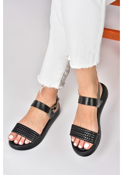 Fox Shoes Siyah Hakiki Deri Örgü Modelli Günlük Kadın Sandalet M291053603 Siyah
