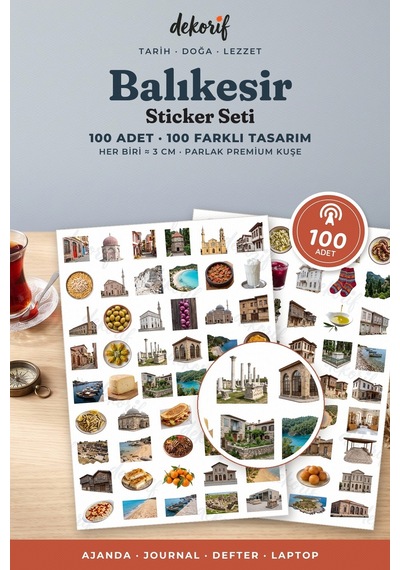Balıkesir Sticker Seti 100 Adet - Cunda Ayvalık Tostu Saat Kulesi Gerçekçi Ajanda Journal Çıkartma Çok Renkli