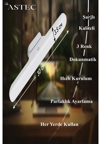 Astec Şarjlı Led Işık Dokunmatik Kablosuz Mıknatıslı 3 Renk Işık Dimli Kaliteli Beyaz
