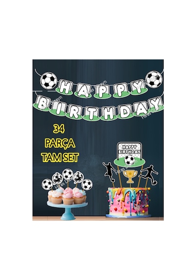 Futbol Temalı  Doğum Günü Süs Seti 34 Parça Banner Pasta ve Cupcake Kürdanı