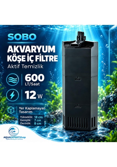 Sobo Akvaryum Köşe İç Filtre - Aktif Temizlik - 600 Lt/saat - 12w - Yer Kaplamayan Tasarım - Siyah