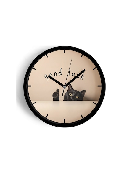 Good Luck Kedi Tasarımı Modern Duvar Saati - 30cm - Önü Camlı Siyah Kasa - Sessiz Mekanizma-jh1200 Siyah
