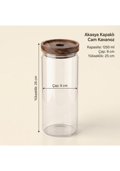 Tr Akasya Kapaklı Yuvarlak Borosilikat Cam Kavanoz 1250 Ml, 9 25 Cm, Orta Delikli Ahşap Kapak, Şeffaf Makarna Bakl Diğer