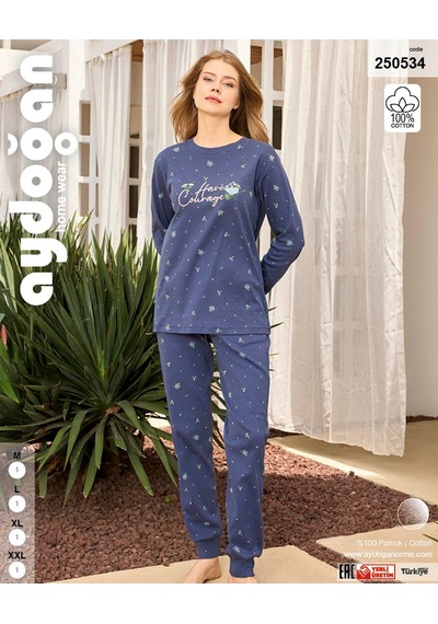 Aydoğan Kadın Lavin Ribana Manşetli Mavimsi Mor Koton Pijama Takım 0534 Mavi