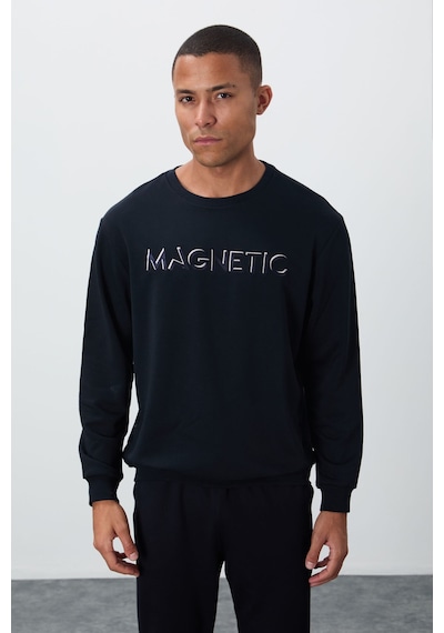 Tommy Life Lacivert Yazı Nakışlı O Yaka Rahat Form İçi Polarlı Erkek Sweatshirt - 88020 Lacivert