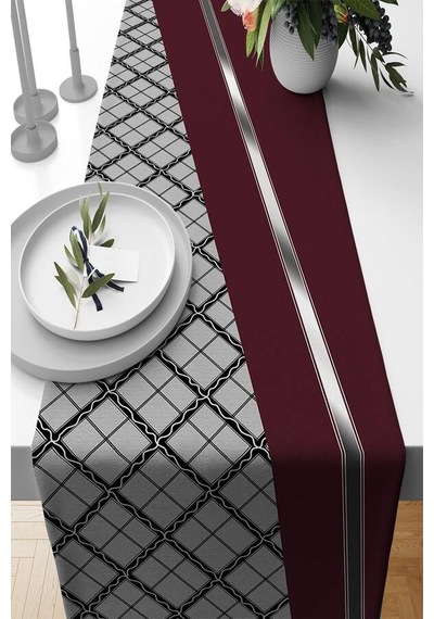 Bordo Ekoseli Desen Premium Masa Örtüsü Runner Rnr583n11