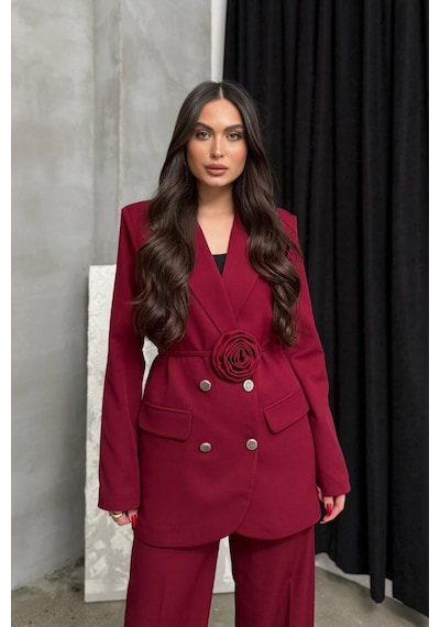 Msm Fashion Kadın İkili Blazer Ceket Pantolon Takım Aksesuar Ve Düğme Detaylı Bol Paça Bordo Msm Fashion Kadın İkili Blazer Ceket Pantolon Takım Aksesuar Ve Düğme Detaylı Bol Paça Bordo