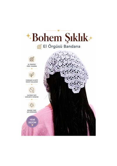 Kadın El Örgüsü Saç Bandanası Bohem Kombin Bone Yazlık Bandana Saç Aksesuarı Lila Renk Beyaz