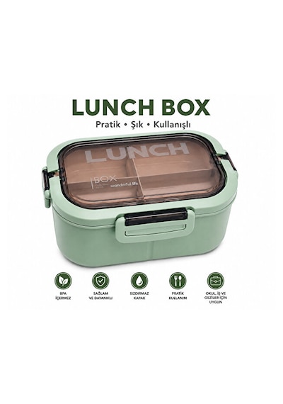 Bölmeli Lunch Box Sızdırmaz Kapaklı, Çatal Kaşık Bıçaklı Pratik Yemek Saklama Kabı Beslenme Kabı Yeşil