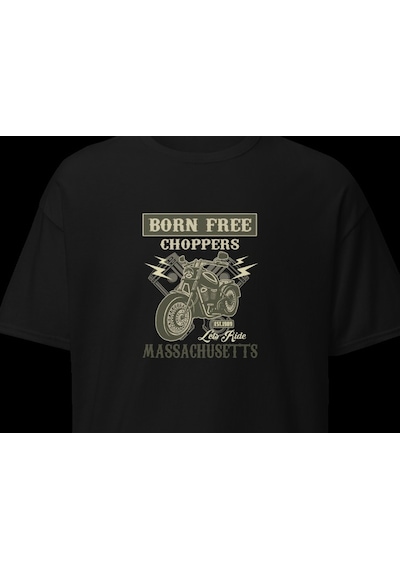 Wildstyle Born Free Choppers Motosiklet Vintage Chopper Baskılı Unisex Bisiklet Yaka Pamuklu Tişört - Siyah