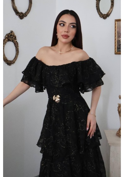 Maximodena Siyah Kat Kat Fırfırlı Elbise - Siyah