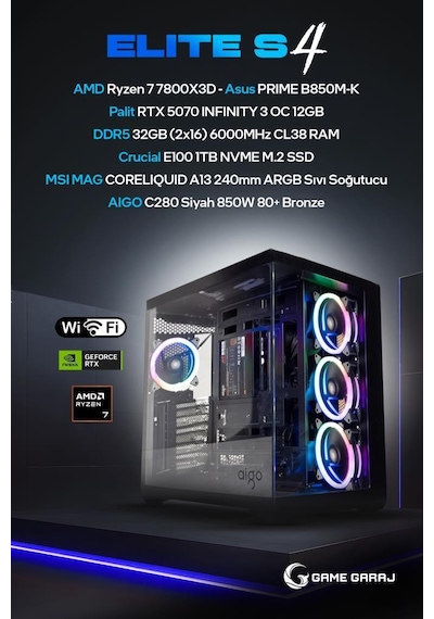Game Garaj Elite S4 R7-7800X3D 32 GB 1 TB SSD RTX5070 Free Dos Oyuncu OEM Paket