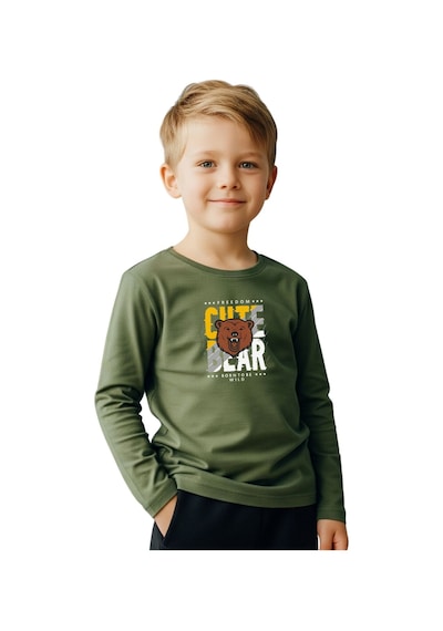 Panios Kids Düz Yuvarlak Yaka Cutte Bear Baskı Detaylı Erkek Çocuk Sweatshirt Haki