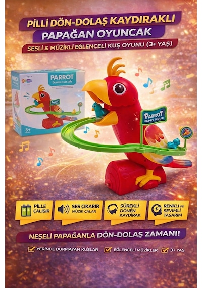 Pilli Dön-dolaş Kaydıraklı Papağan Oyuncak Sesli & Müzikli Eğlenceli Kuş Oyunu 3+ Yaş