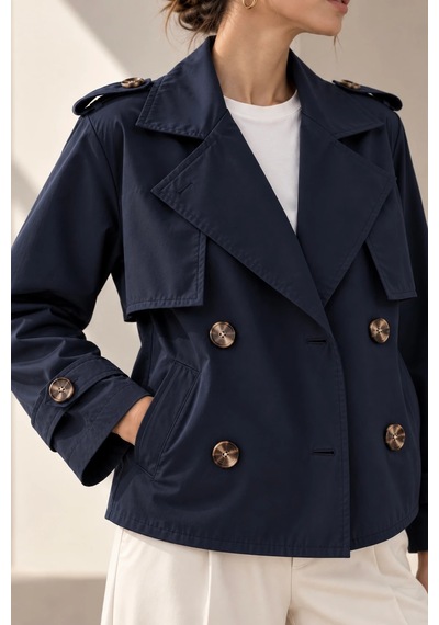 Bb Butik Basic Kısa Kruvaze Trençkot Düğme Detaylı Modern Kesim Qn3434 Lacivert