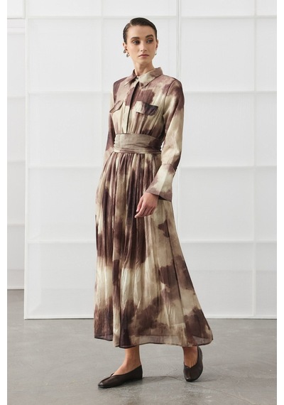 Molene Kahverengi Batik Desen Maxi Elbise