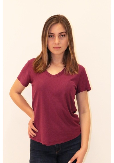 Rich Kadın Organik V Yaka T-shirt %100 Pamuk Tişört Bordo