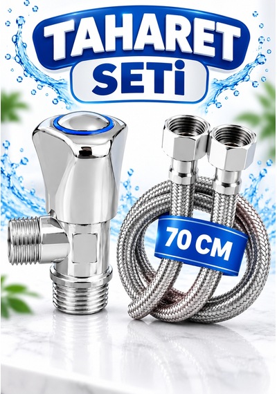 2'li Set Krom Taharet Ara Musluğu Ve 70 Cm Paslanmaz Çelik Flex Hortum 3/8' X 3/8'