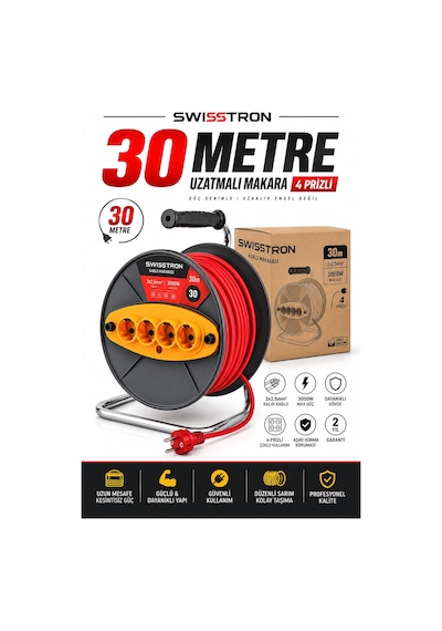 Swisstron Sws30mkset 30 Metre 3x2,5 Mm² 4 Prizli Makaralı Uzatma Kablosu Seyyar Kablo Makarası 30 M