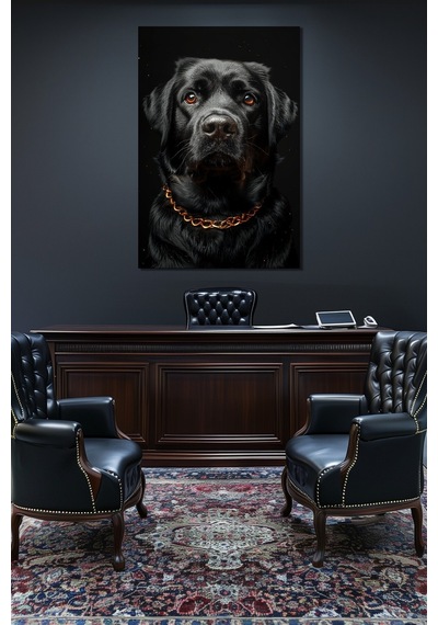 Siyah Köpek Baskılı Cam Tablo Gold Zincir Detaylı Modern Hayvan Temalı Duvar Dekoru