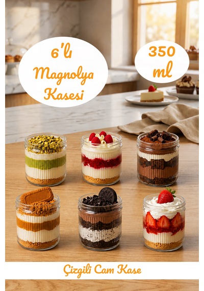 6'lı Çizgili Cam Magnolya, Cheesecake, Çerezlik, Kahvaltılık, Tatlı Kasesi Seti 350 Ml Şeffaf