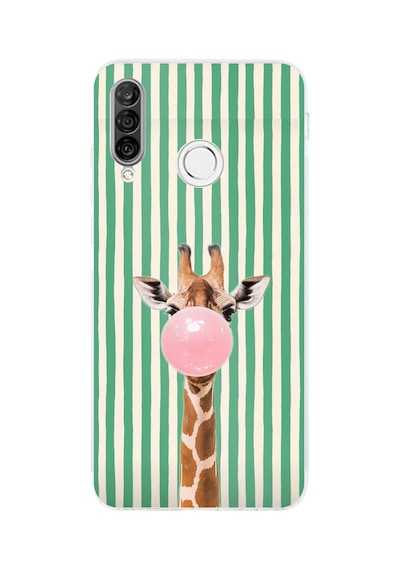 Huawei P30 Lite Uyumlu Yeşil Çizgili Sakız Şişiren Zürafa Baskılı Silikon Kılıf