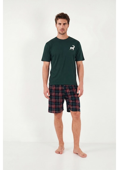 Buratti Kareli Pamuklu Regular Fit Şortlu Pijama Takımı Erkek Pijama Takımı 6572022 Yeşil