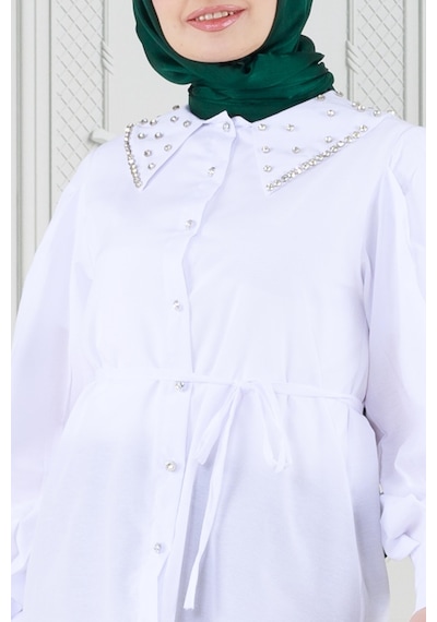 Sevitli Yakası Taş Çakım Tunik-beyaz-3646-beyaz Beyaz