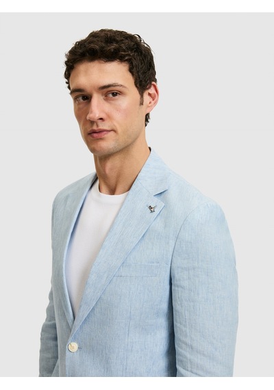 Cacharel Açık Mavi Slim Fit %100 Keten Mikro Desen Mono Yaka Ceket Denim