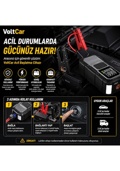 Voltcar Akü Takviye Cihazı Akıllı Araç Lastik Şişirme Kompresörü Powerbank Dijital Ekranlı Taşınabilir Hava Pompası