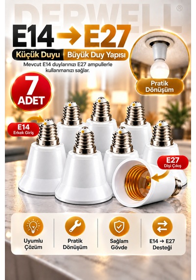 7 Adet E14'ten E27'ye Ampul Duy Dönüştürücü Adaptör - Küçük Duyuyu Büyük Duya Çevirici Aparat, Ev Ve Ofis İçi Pratik Aydınlatma Çözümü, Sağlam Ve Dayanıklı Gövde Yapısı