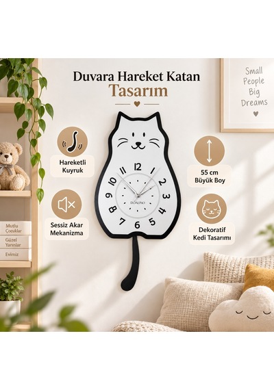 Doalino Sallanan Kuyruklu Kedi Figürlü Premium Ahşap Duvar Saati
