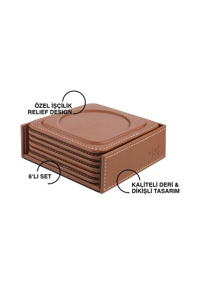 Bardak Altlığı,6 Lı Set,masaüstü Yuvarlak Cup Coaster,vegan Suni Deri,11x11 Cm.,taba Taba