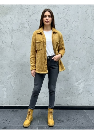 Kadın Slimfit Peluş, Polar, Düğmeli, Teddy Gömlek Yaka, Cepli, Sıcak Tutucu Yumuşak Kışlık Ceket Taba