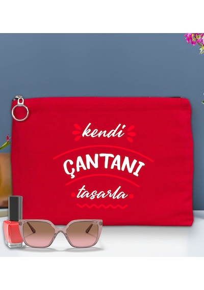 Bk Gift Kişiye Özel Kendin Tasarla Astarlı Portföy Kırmızı Çanta 30x21cm, Baskılı El Çantası, Organizer Çanta