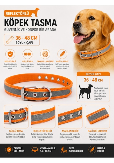 Reflektörlü Köpek Boyun Tasması 36-48 Cm Ayarlanabilir Metal Tokalı Gece Görünürlük - Turuncu Çok Renkli