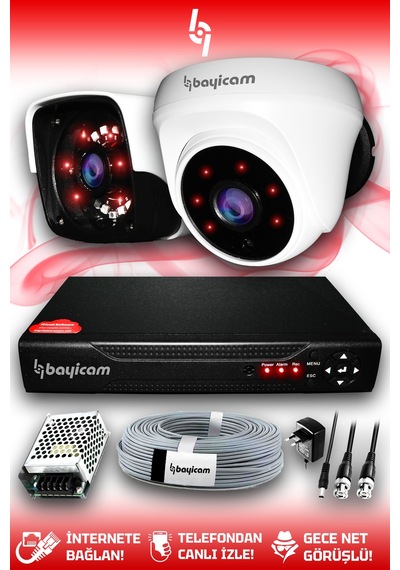 Bayicam 2 Kameralı Panda 1 İç Kamera Set HDD'siz Full HD Gece Görüşlü Güvenlik Kamerası Sistemi
