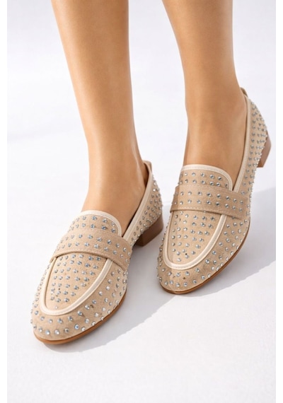 Mery Ceyn Taşlı Küt Kare Loafer Şık Babet Bej