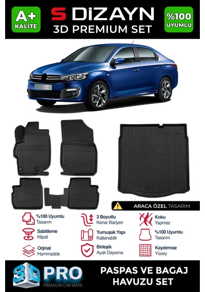 S-dizayn Citroen C-elysee 3d Pro Havuzlu Paspas Ve Bagaj Havuzu Seti 2'li Set 2012-2017 A+ Kalite