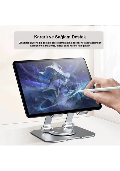 Ga91 360 Dönebilen İ-pad Tablet Standı Full Metal Kasa Ayarlanabilir Katlanabilir Masaüstü Stand Tutucu