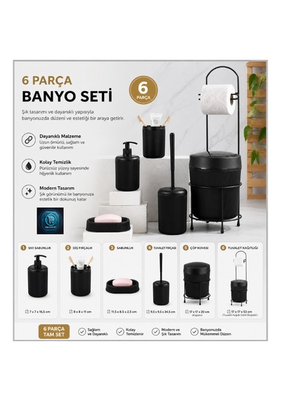 Premium Lüks 6 Lı Banyo Aksesuar Seti Modern Tasarım Siyah