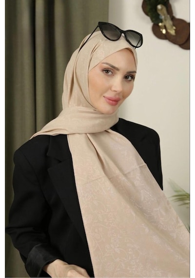 Flora Tekstil Çiçekli Desen İnce Medine İpeği Jakar Şal Bej