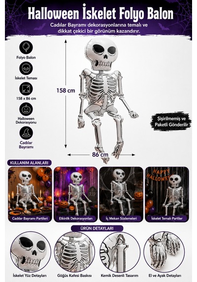 Halloween Folyo Balon İskelet 158x86 Cm Cadılar Bayramı Parti Süsü Büyük Boy Dekorasyon Balonu Çok Renkli