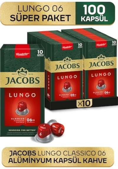 Jacobs Lungo 6 Classico Kapsül Kahve 10 X 10 Paket 100 Adet Nespresso Uyumlu