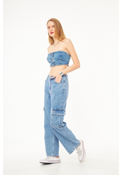 Bol Kesim Kadın Denim Kargo Pantolon 001