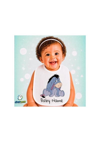 Kişiye Özel Eeyore Keten Bebek Mama Önlüğü Yumuşak - Emici - Yıkanabilir - Özel Tasarım P082 Çok Renkli