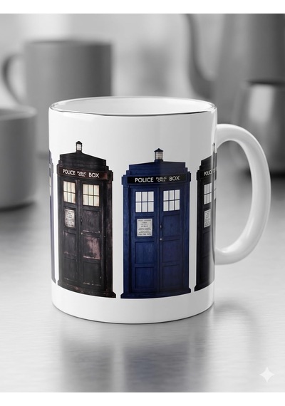 Police Box Tardıs Kupa - Bilim Kurgu Pixel Art Seramik Bardak Fantezi Hediyesi 325ml Beyaz - Çok Renkli