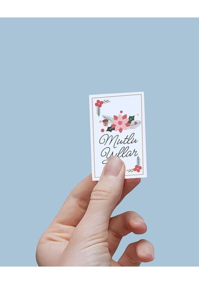 Yılbaşı Mutlu Yıllar Yazılı Hediye Kart Seti, Çiçek Temalı Paketleme Kartı, 25 Adet-6,5x10 Cm, Beyaz